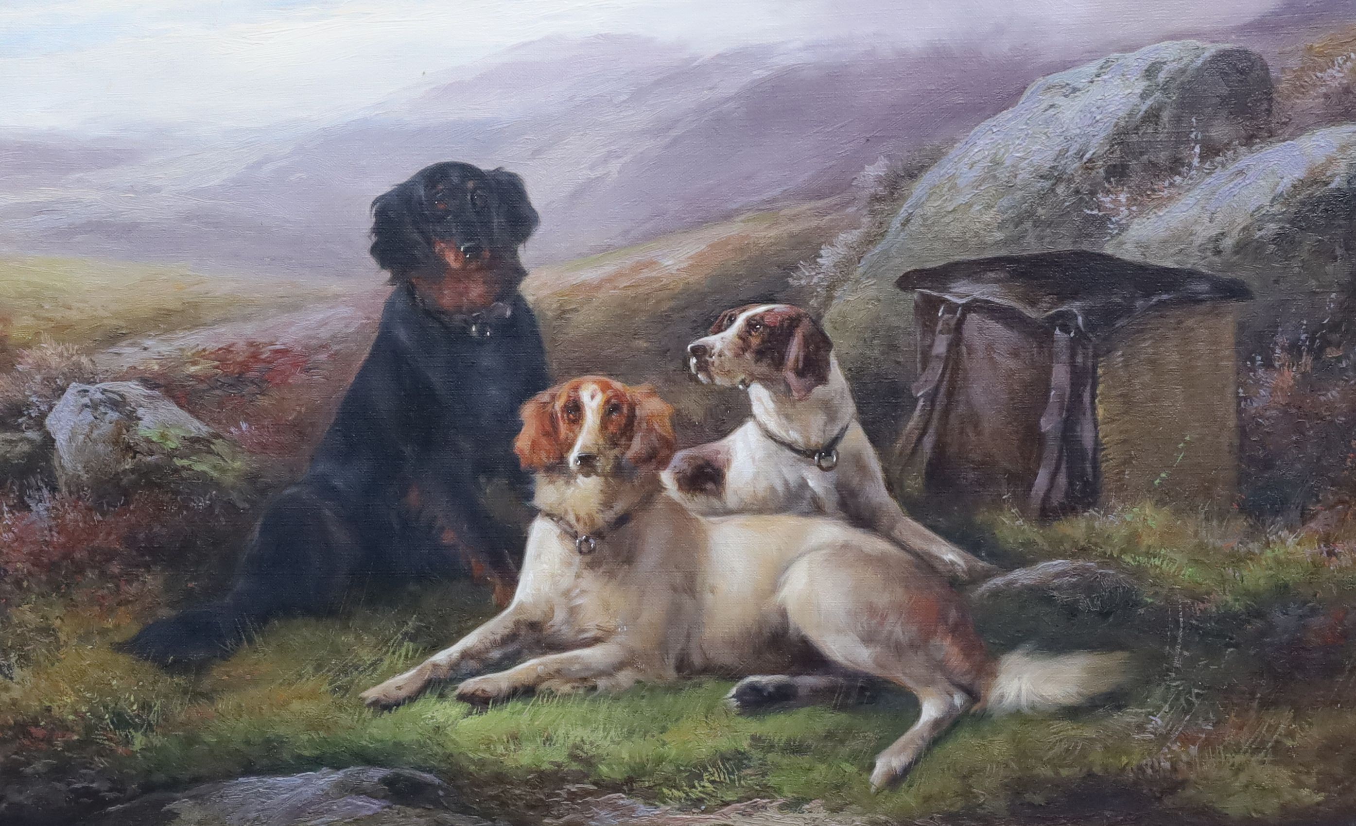 John Morris (19th C.), After the Hunt; gun dogs seated in landscapes, pair of oils on canvas, 40 x 60cm